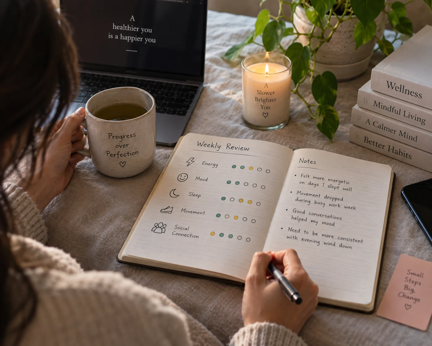 A calm weekly review moment, reflecting on wellness patterns rather than daily numbers