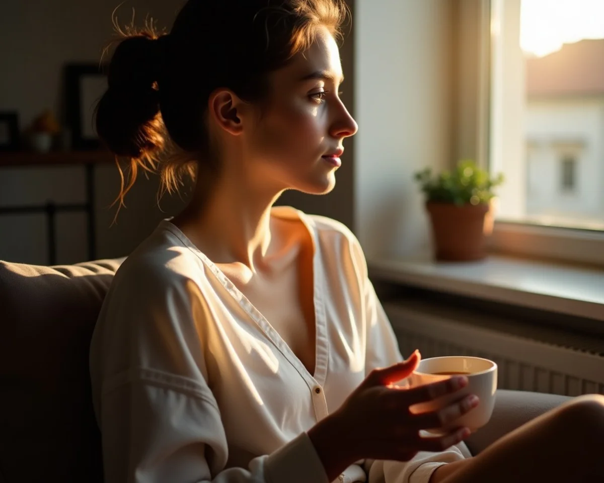 Person seated peacefully by a sunlit window with a cup of warm tea