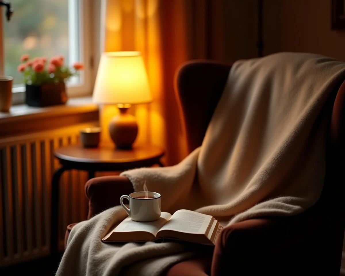 Cozy autumn reading nook with soft wool blanket and warm ambient lighting