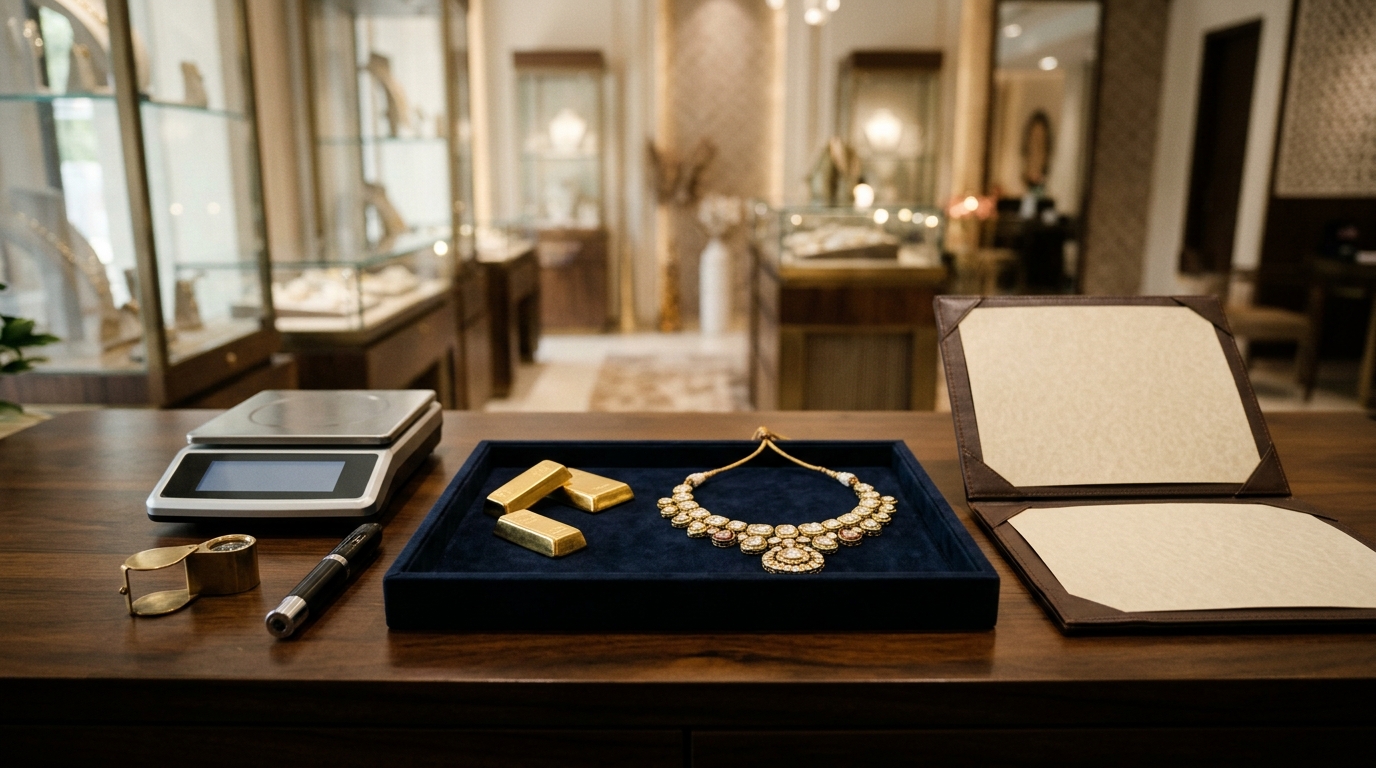Indian luxury jewelry consultation counter with precision digital scales and gold bullion