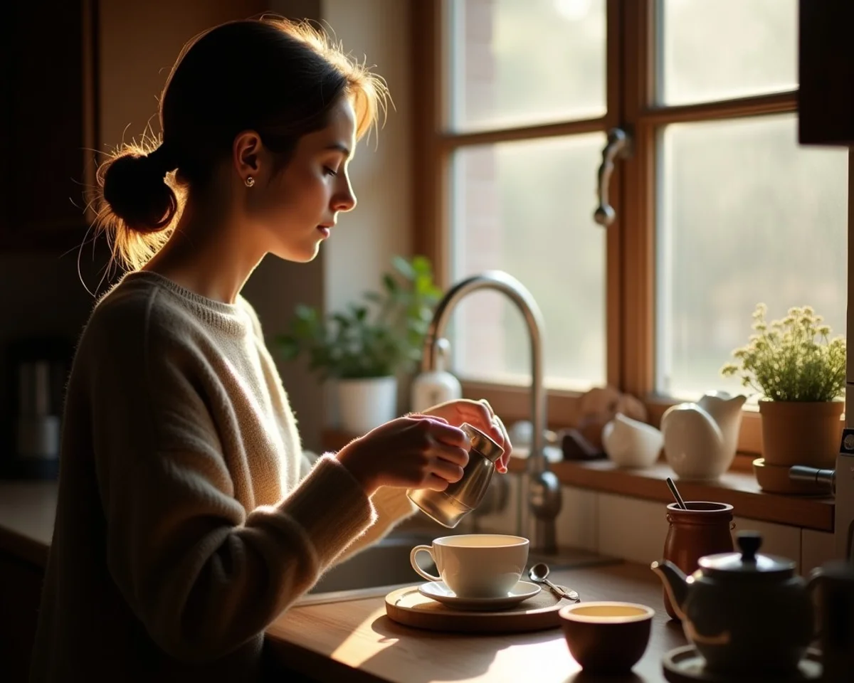 Person making tea quietly in a morning sunlit kitchen