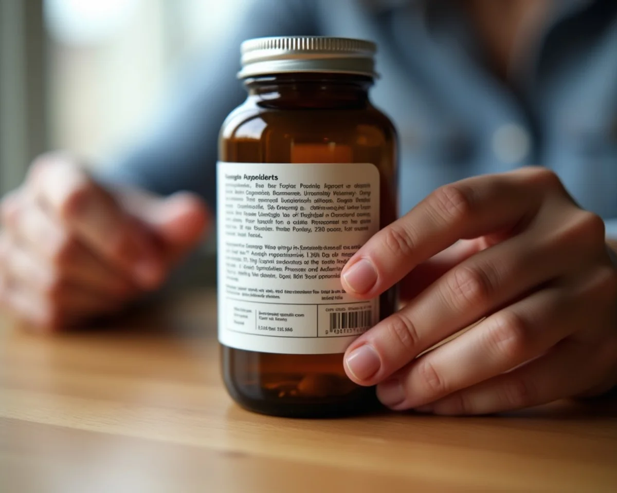 Careful inspection of wellness supplement bottle ingredient label