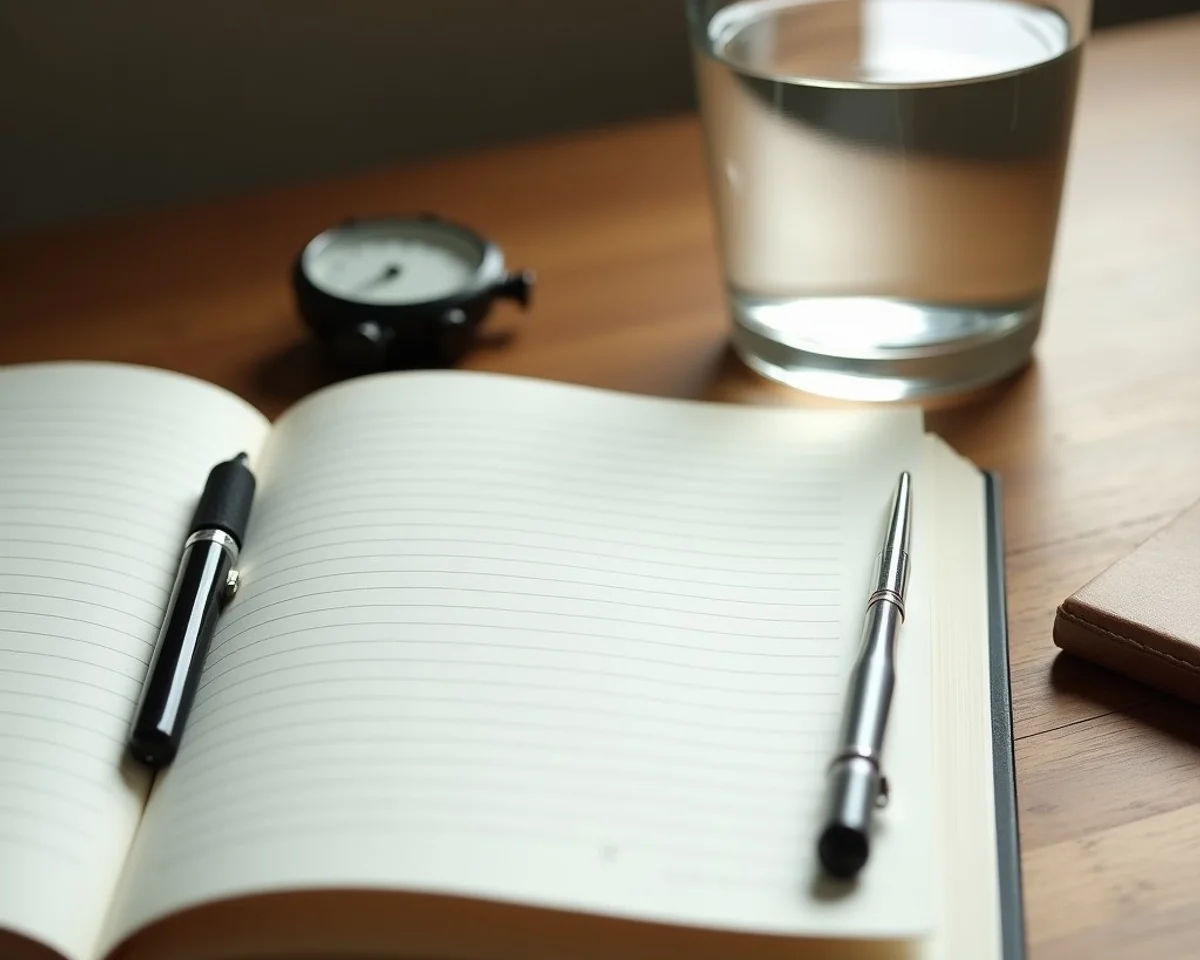 Daily observation log notebook and glass of water on wooden desk